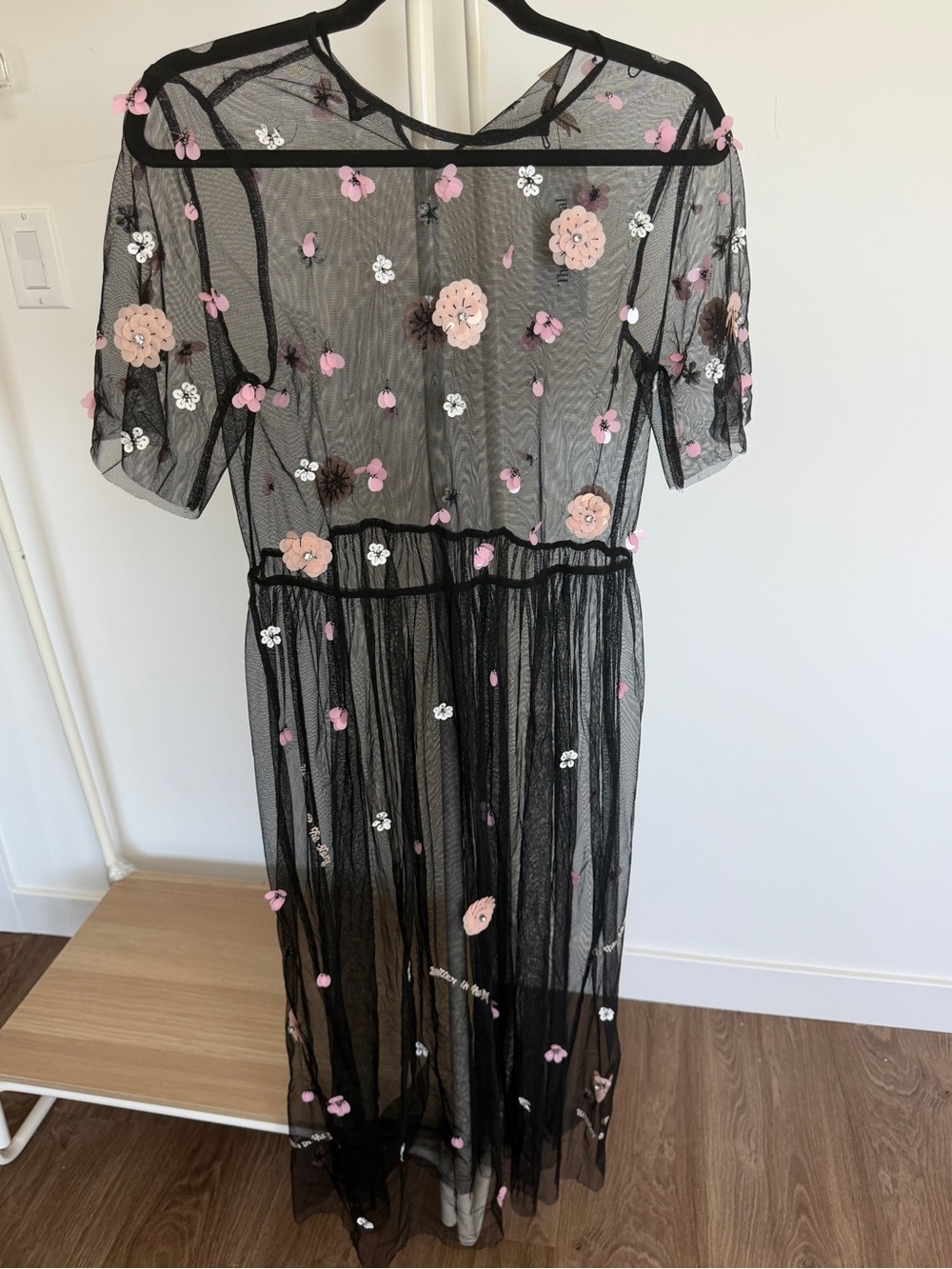 H&M Black Sheer Maxi Dress with Pink & White Floral Appliqués
